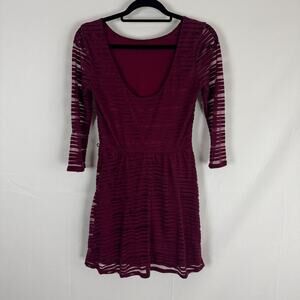Lily Rose Burgundy Sheer Striped Dress with Scoop Neck, Medium Christmas Holiday